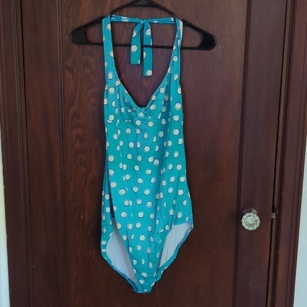 J. Crew Blue with White Polka Dot Halter One Piece Swimsuit Size 14